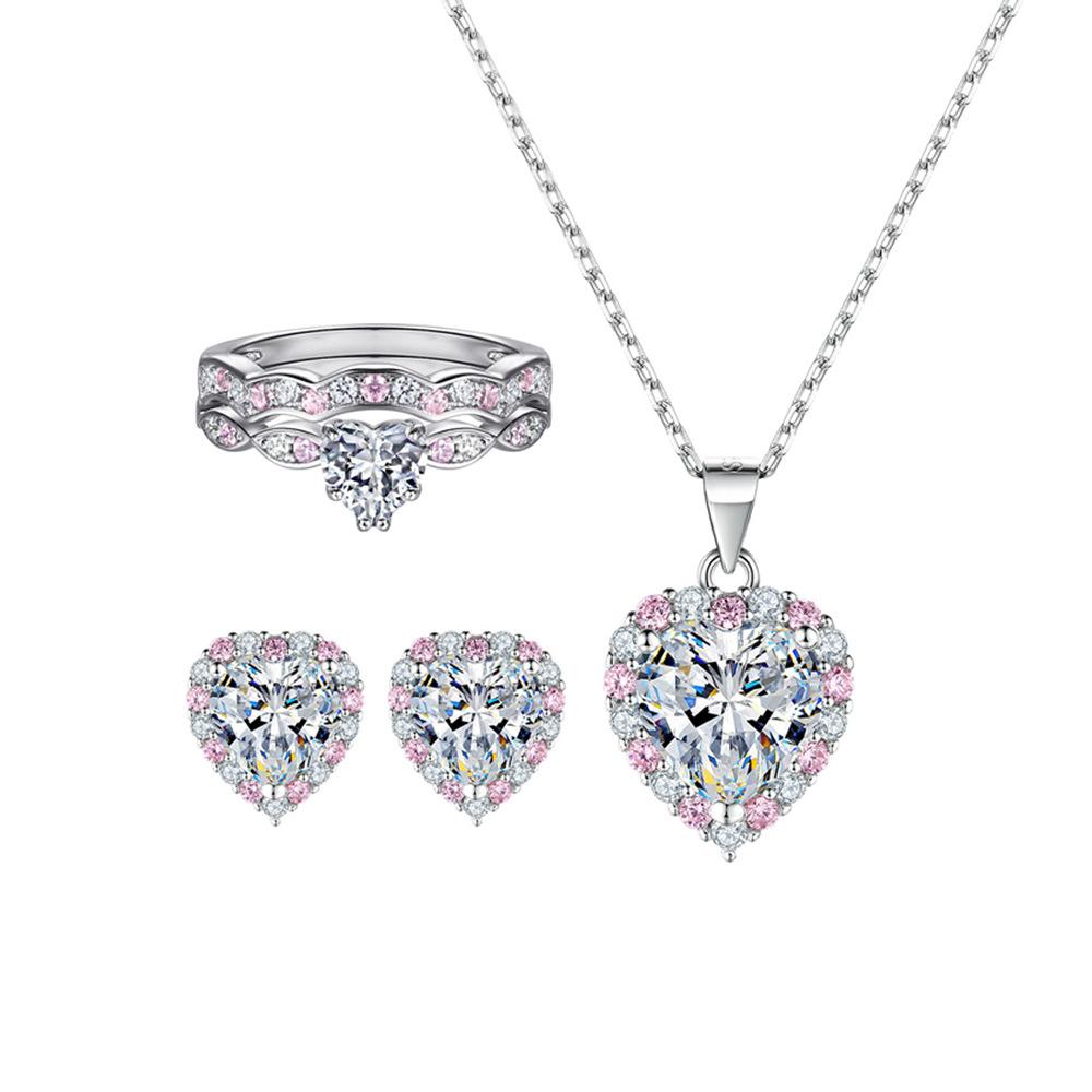 Heart-shaped Zircon Jewelry Set, Pink Zircon Set, Ring, European and American Stud Earrings, Simple Necklace S925 Sterling Silver Jewelry.