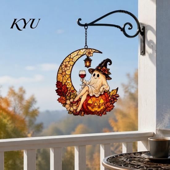 Fun Patio Accessories 2D Ghost Moon Pumpkin Acrylic Suncatcher, Halloween Window Farmhouse Exterior Ornament Hanging Ornament, Autumn Thanksgiving