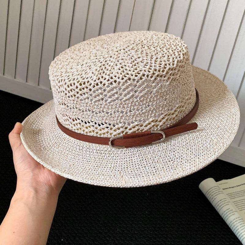 French retro flat-top Lafite straw hat women's summer seaside beach vacation sunshade sunscreen hat straw sun hat