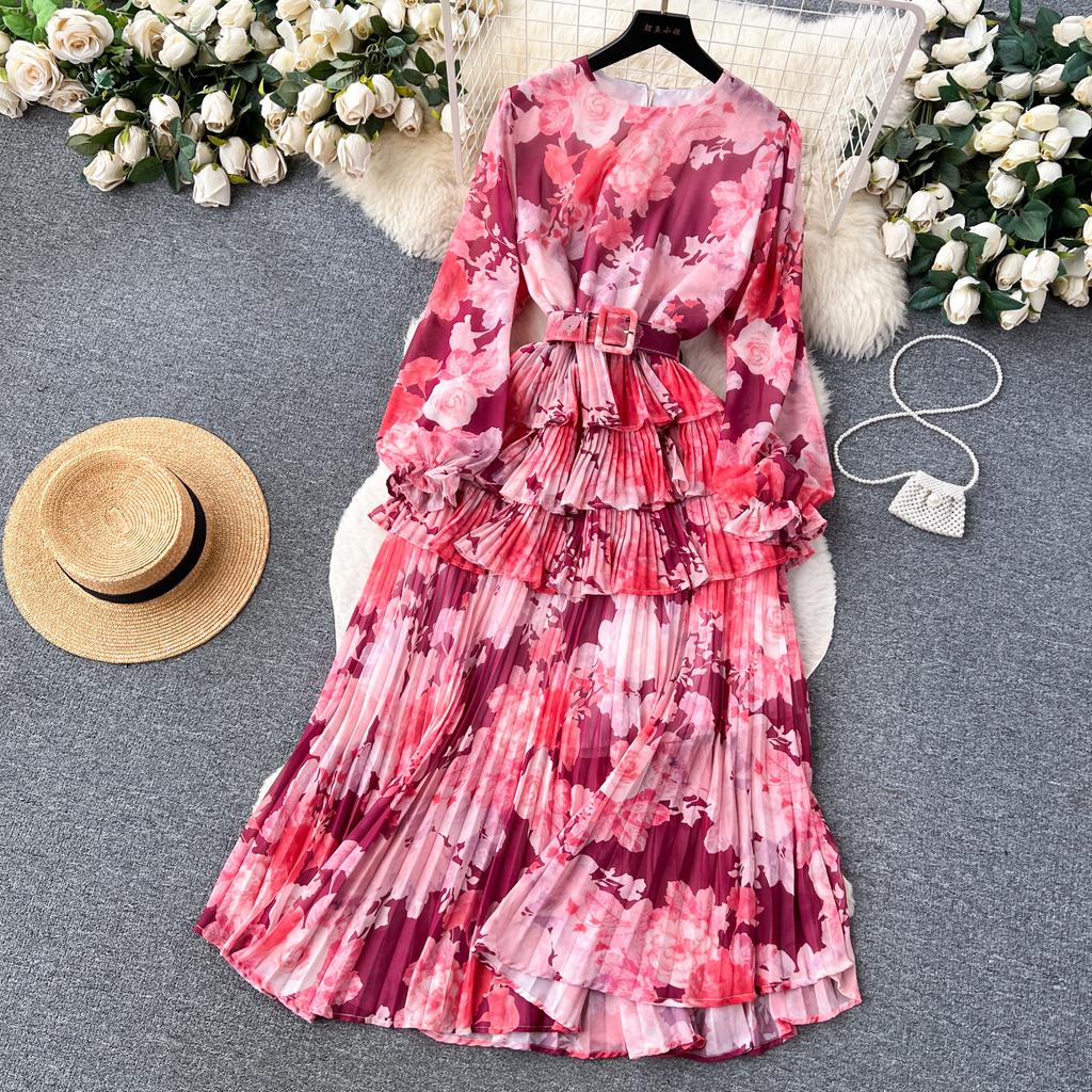 Новое осеннее элегантное женское платье с круглым вырезом и принтом в стиле пэчворк, складками и оборками, с длинными рукавами и высокой талией