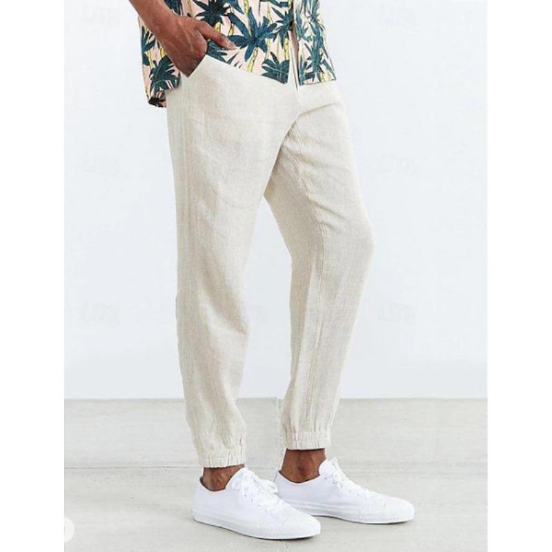 Men Casual Linen Pants Elastic Waist Drawstring Jogger Trousers Loose Fit Daily Outdoor Streetwear Long Pants