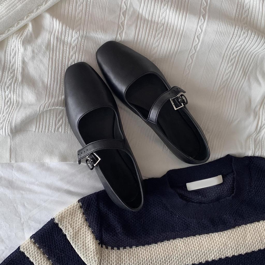 Cowhide Version~ Genuine Leather French Retro Mary Jane Shoes Women's Versatile One-word Buckle Shallow Mouth Flat Shoes Single Shoes Small Lea