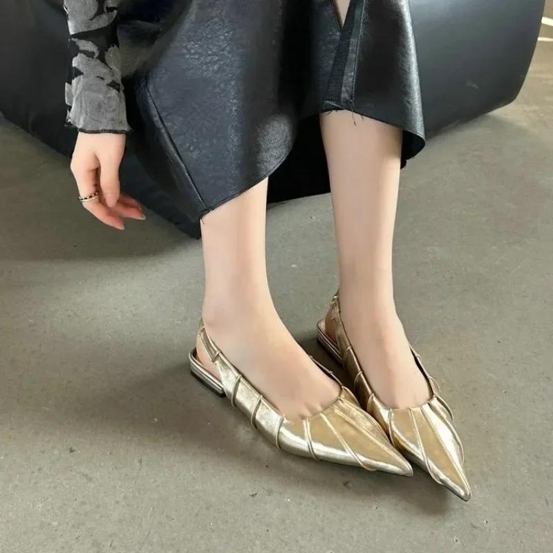 Fashion 2024 New Spring and Summer Fold Half Drag Flat Shallow Mouth Pointed Sandals Soft Flat Shoes Women's Single Shoes