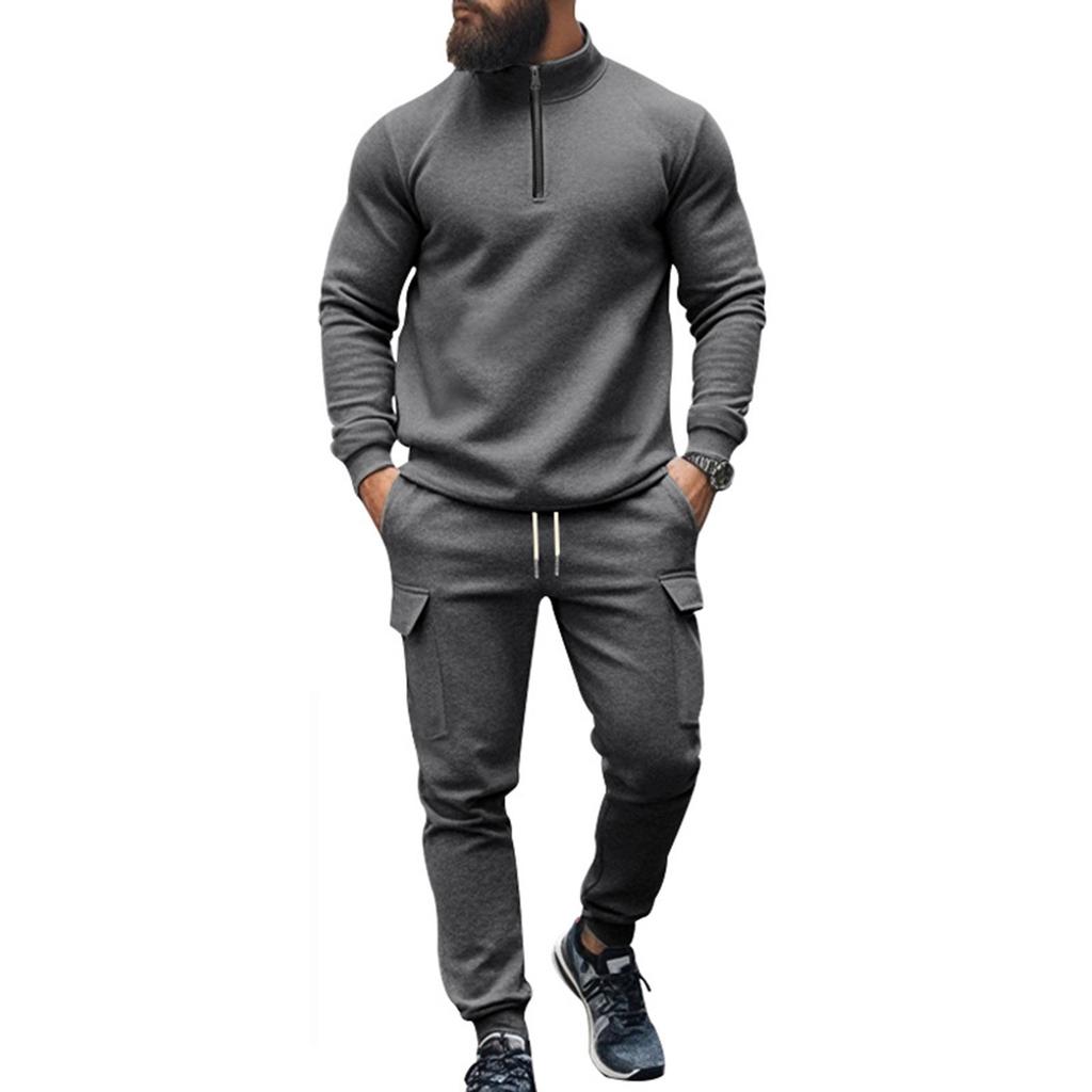 Men's Winter Casual Plus Velvet Warm Zipper Stand Collar Sweatshirt Men's Sports Pants Sweatshirt Set