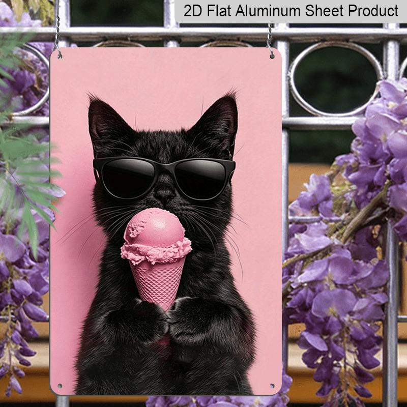2D Flat Cool Black Cat with Sunglasses & Pink Ice Cream Metal Sign - Funny Cat Aluminum Wall Decor Kitchen & Dining Room Wall, Cat Lover Living Room