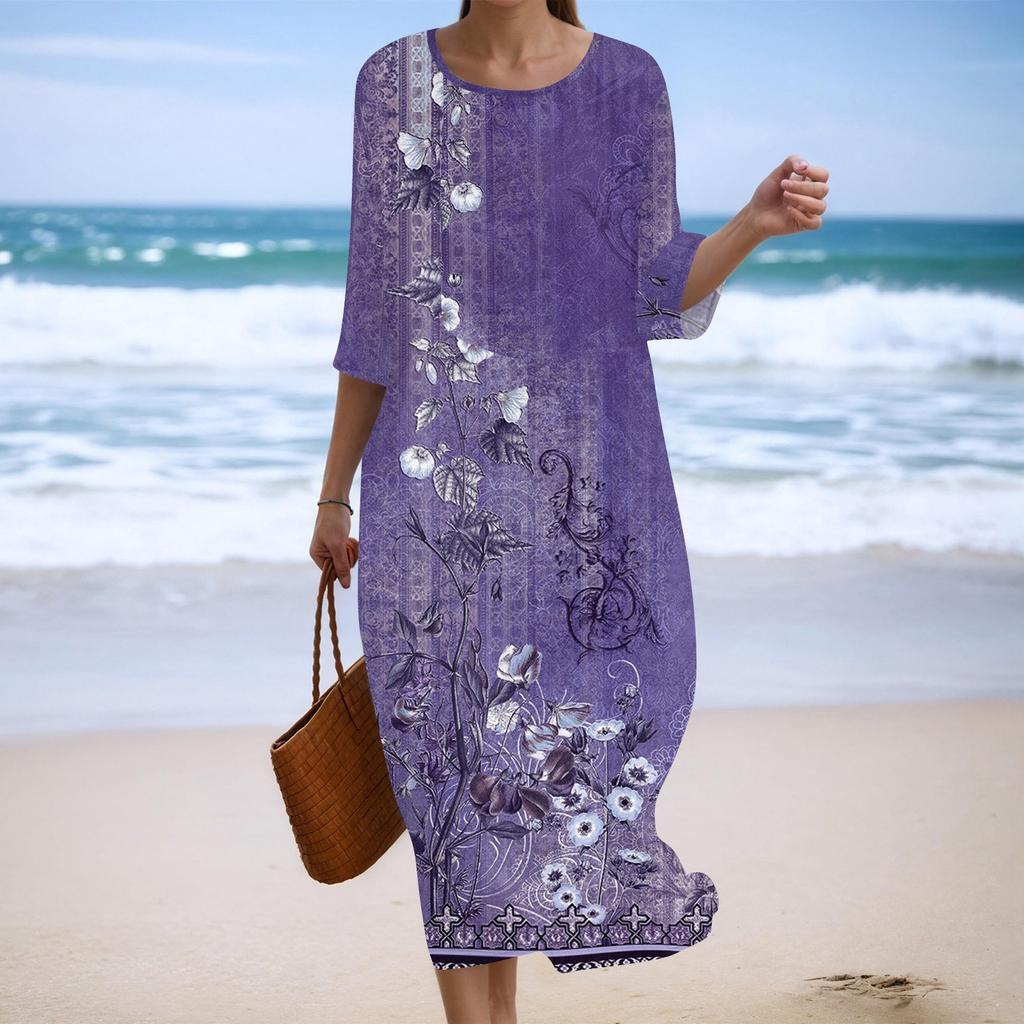 Women's Fashionable Printed Round Neck Seven Quarter Sleeve Loose Dress