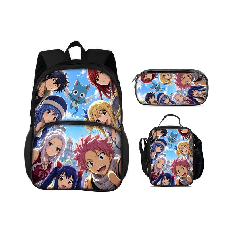 FAIRY TAIL Круглая Передняя Сумка Рюкзак Пенал Сумка-холодильник Набор из 3 предметов Мультяшный Аниме Принт Студенческие Мальчики и Девочки Новый Универсальный