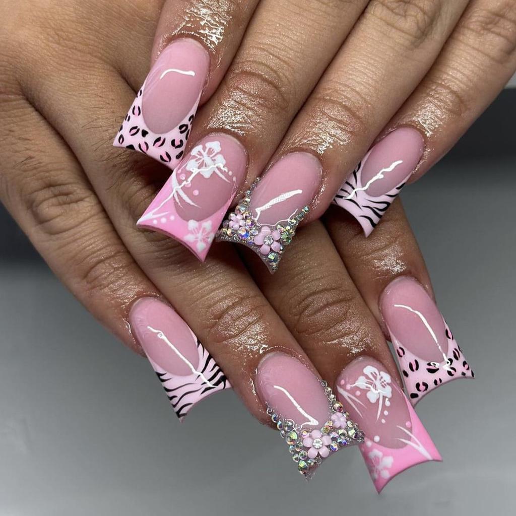 Leopard and Zebra Print Rhinestone False Nails with Floral French Edge