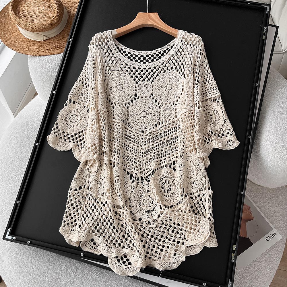 Dimanaf Новинка 2024 года, женская трикотажная кружевная Длинная пляжная праздничная футболка с v-образным вырезом и полой летучей мышью, летние стильные базовые топы, футболки, свободная одежда