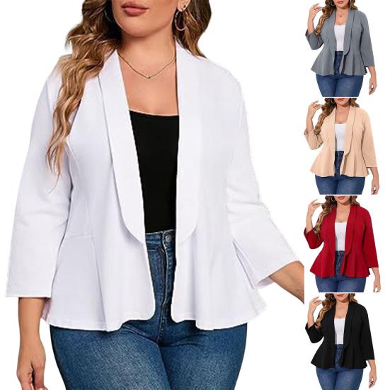 Plus Size Women Suit Coat Lapel Long Sleeve Ruffle Hem Open Front Suit Jacket Solid Color Versatile Business Outerwear