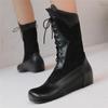 Мода 2025 Дизайн Сапоги до середины икры для женщин Круглый носок Внутренний каблук Шнуровка Большой размер 48 49 50 Модные ботильоны для свиданий