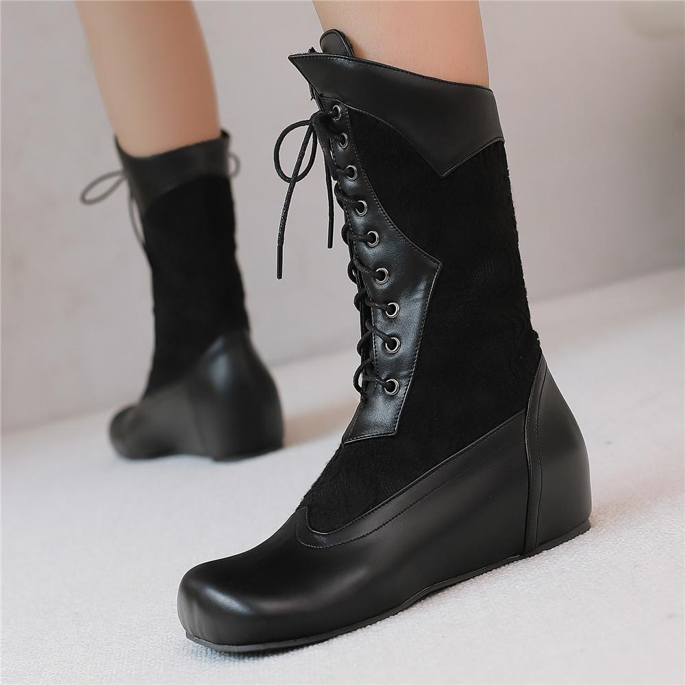 Мода 2025 Дизайн Сапоги до середины икры для женщин Круглый носок Внутренний каблук Шнуровка Большой размер 48 49 50 Модные ботильоны для свиданий
