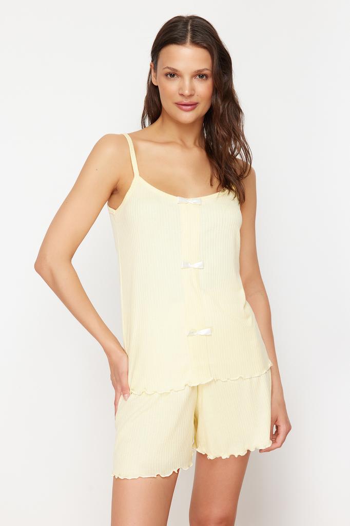 Women's Fashion New Pajama Set Yellow Ribbon Detailed Corded Knitted Pajama Set