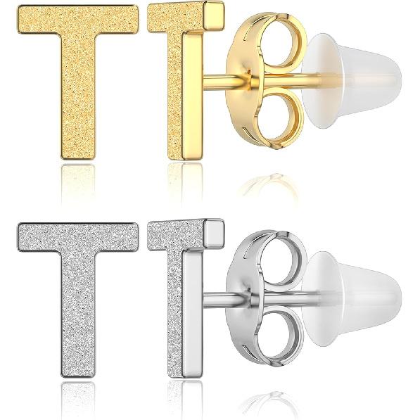 2 Pairs Initial Stud Earrings for Women – 316L Hypoallergenic Surgical Steel, 14K Gold Plated Letter Earrings Set, Includes Anti-Piercing Silicone