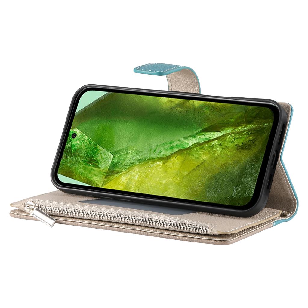 For Google Pixel 8 Case Zipper Wallet Color Splicing Leather Flip Phone Cover with Straps