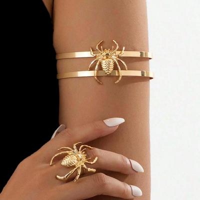 Отпускная мода Готическое кольцо-паук Золотое двойное открытое регулируемое кольцо на руку набор