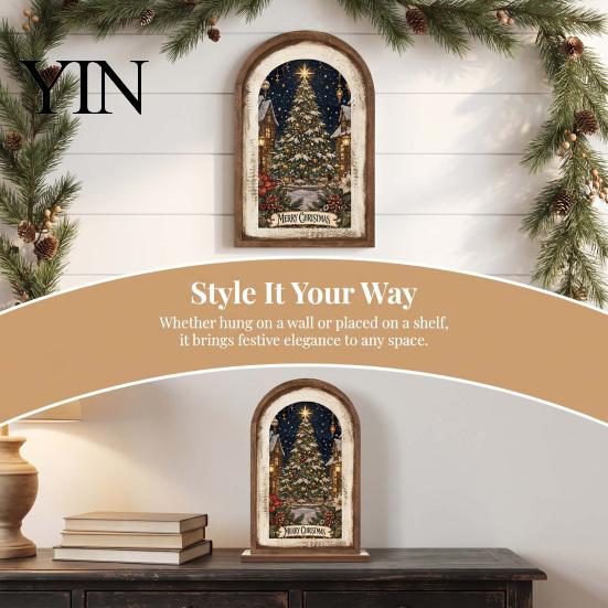 Christmas Garden Decorations Campfire Dinner Wooden Wall Art, Festive Holiday Framed Decor for Ornaments Living Room, Rustic Hanging Ornament