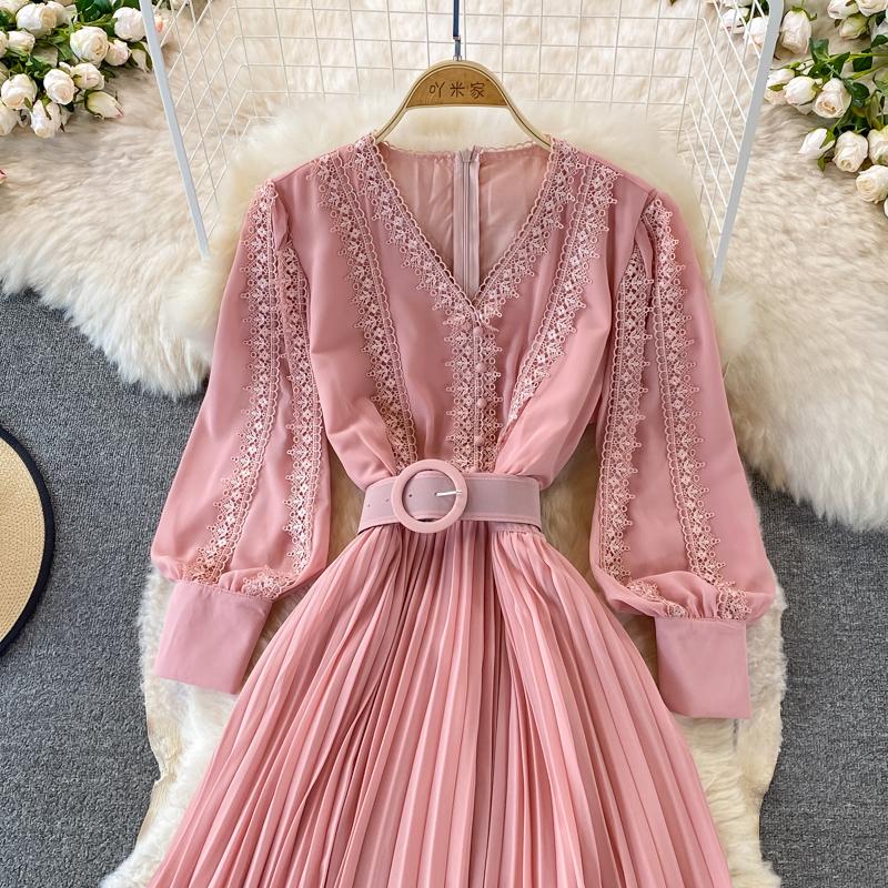 RUGOD Плиссированное платье с v-образным вырезом и вышивкой на талии в этническом стиле, темпераментное большое распашное платье