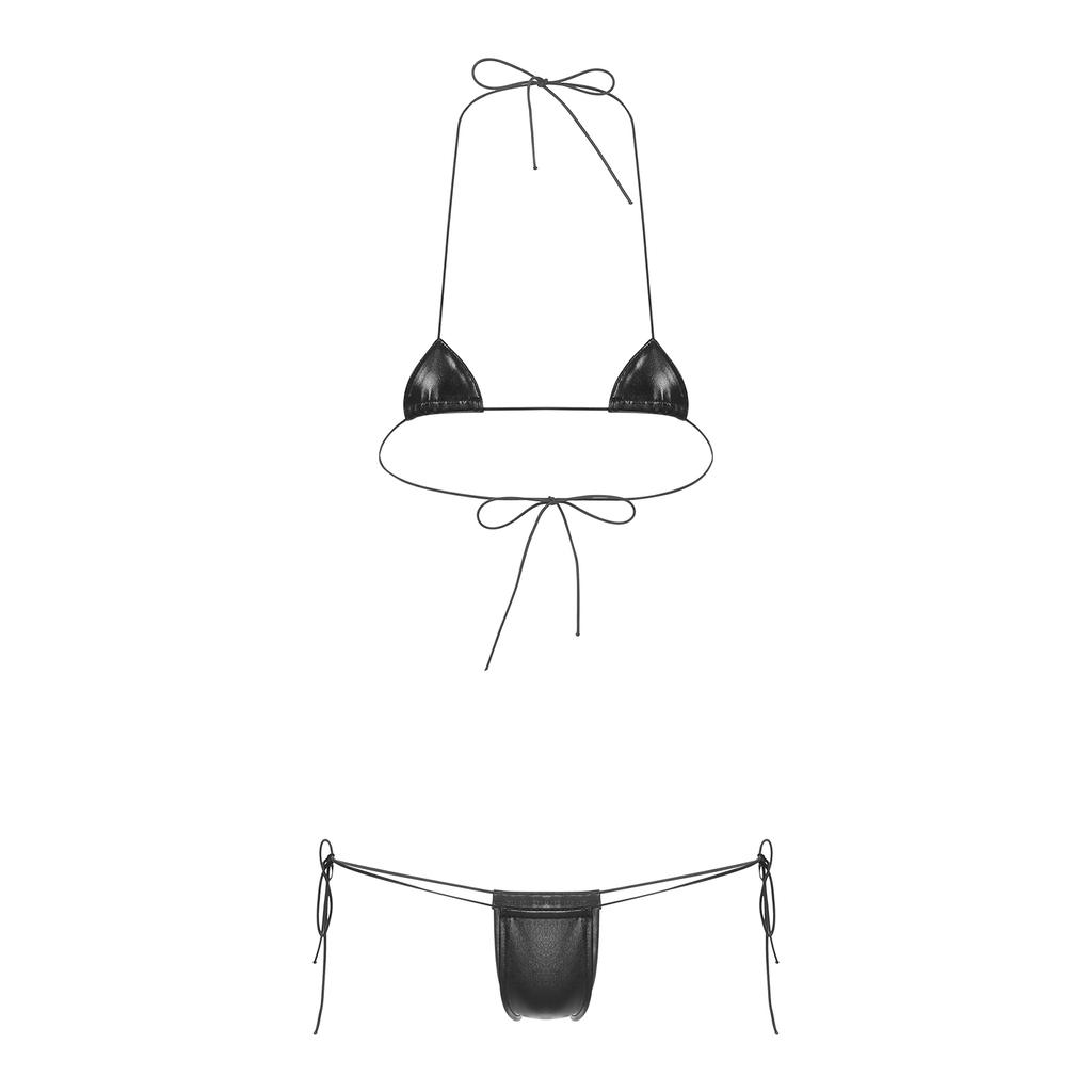 Womens Wet Look Halter Bikini Set High Shine Micro G-string with Adjustable Lace-Up Bra