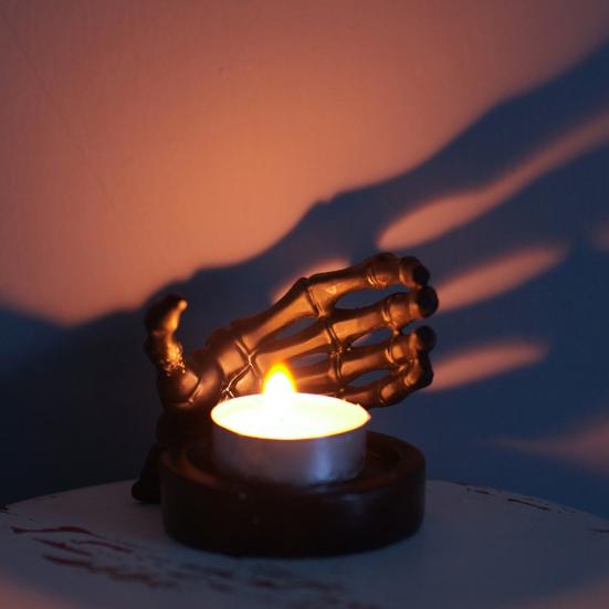 Подсвечник в виде скелета на Хэллоуин, жуткий череп в форме руки, подставка для чайной свечи, подсвечник, центральный элемент, украшение для рабочего стола, орнамент