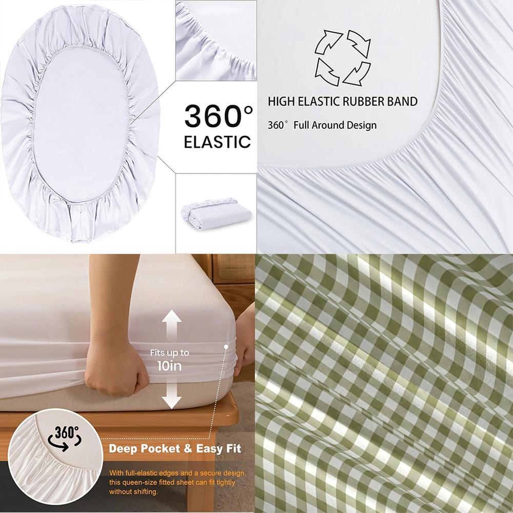 3PCS avocado green small checkered bedding set fitted sheet without a core, soft bedroom bedding decoration
