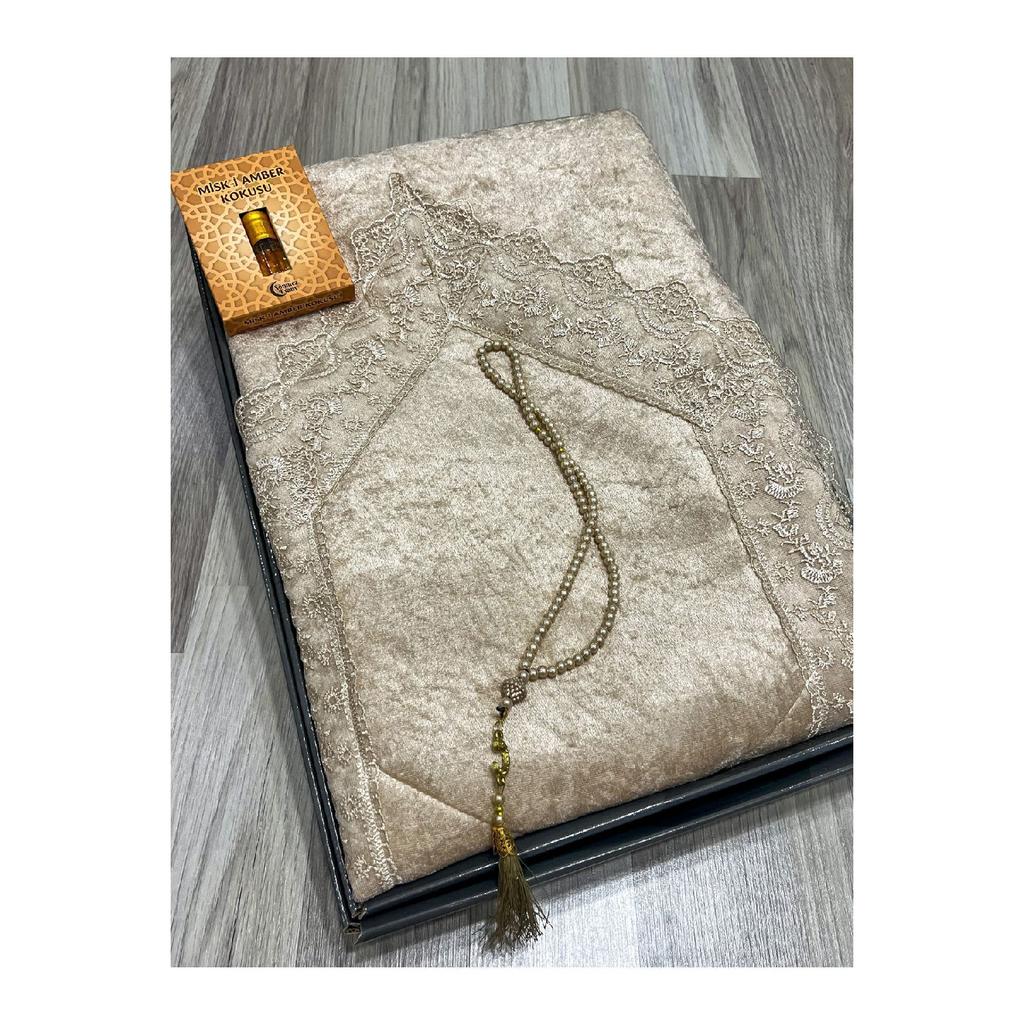 3 Piece Prayer Rug Set, Dowry Bundle Boxed, Velvet Laced Bride And Groom Set