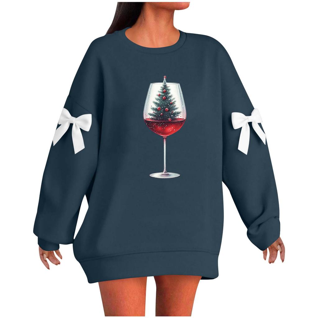 Ladies' Christmas Printed Bow Round Neck Long Sleeved Loose Pullover Sweater Sweatshirt Top