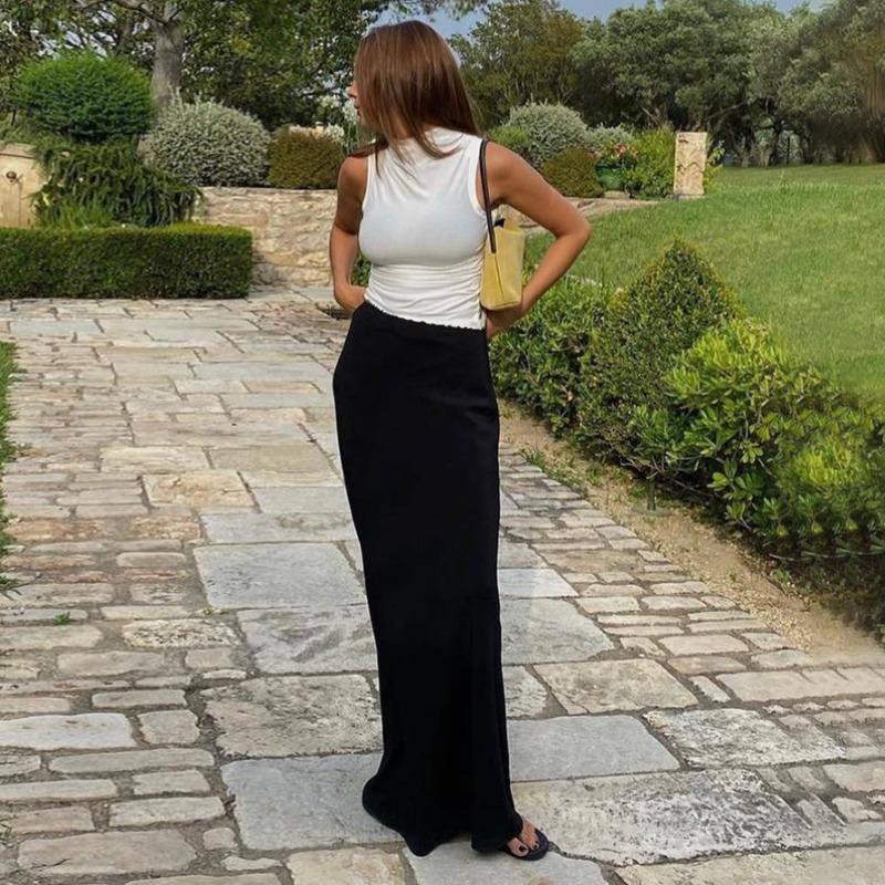 Черная атласная юбка-макси для женщин, высокая талия, кружевные боковые тонкие облегающие юбки-карандаши, женская элегантная клубная вечерние юбка