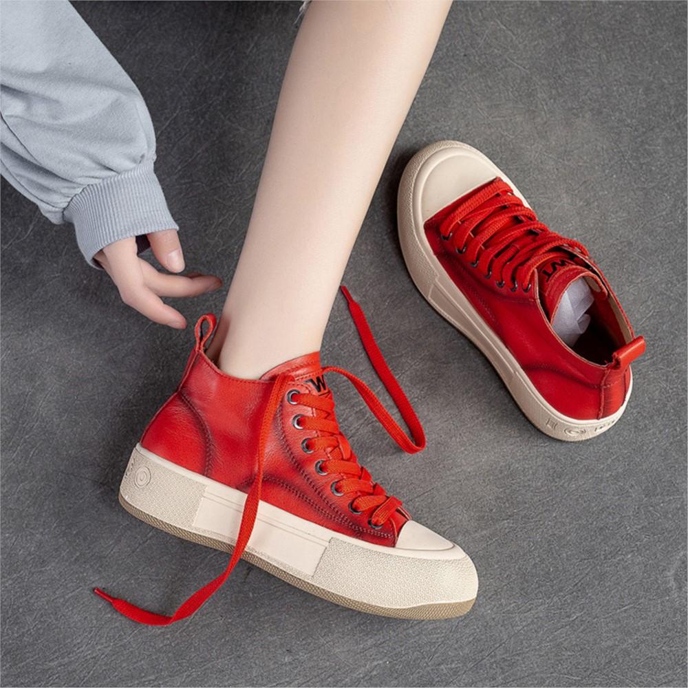 Johnature Shoes Women Sneakers Genuine Leather Lace-Up Summer Sandals Mixed Colors Handmade Concise Platform Sneakers