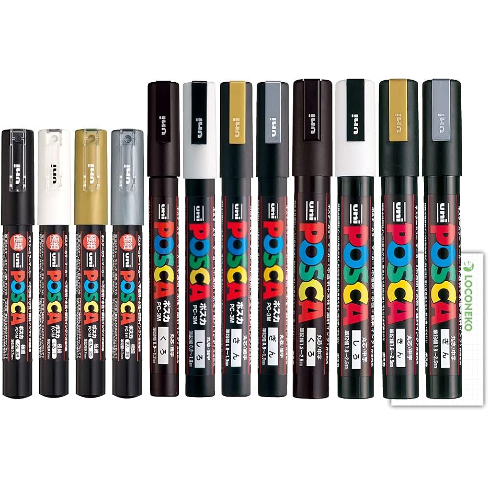 Маркер на водной основе Mitsubishi Pencil, Posca, Черный, Платиновый, Серебристый, PC-1M, 3M, 5M, 3 ширины наконечника...