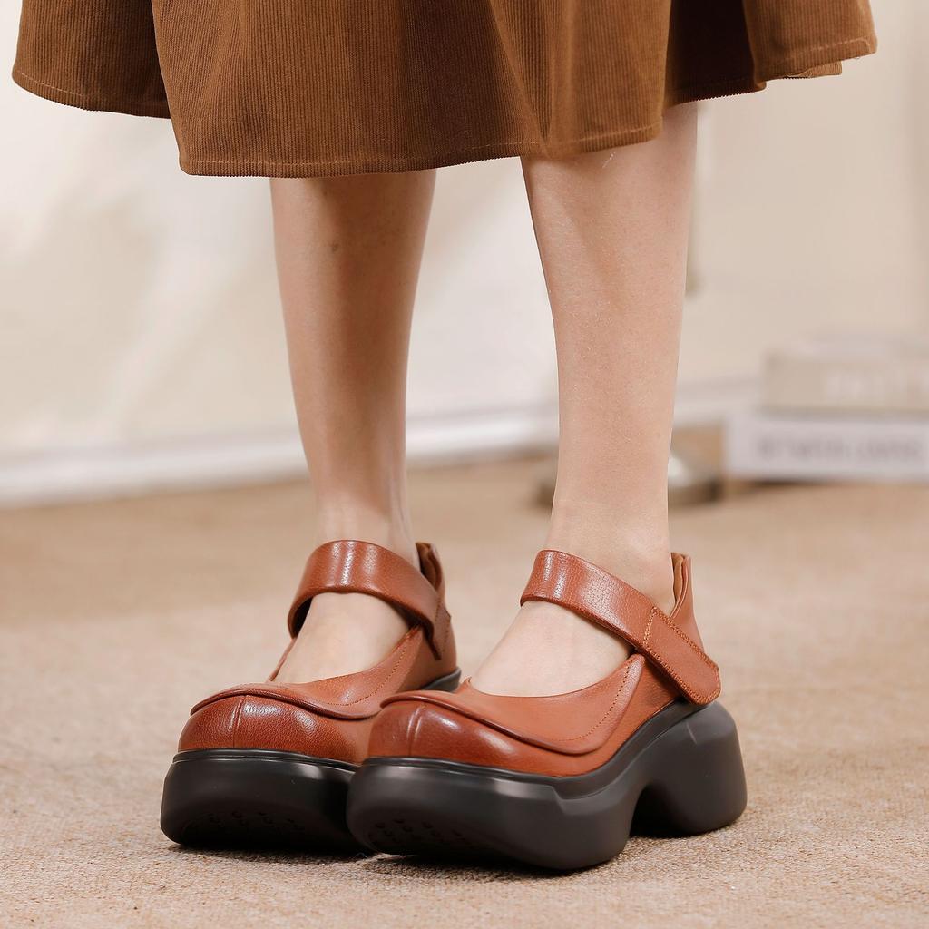 Johnature Женские туфли на платформе с толстой подошвой, ретро, натуральная кожа, круглый носок, универсальные