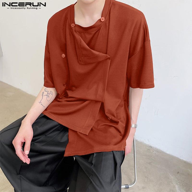 INCERUN Большие летние мужские квадратные воротники с коротким рукавом, регулируемые пуговицы, повседневные свободные топы, футболки