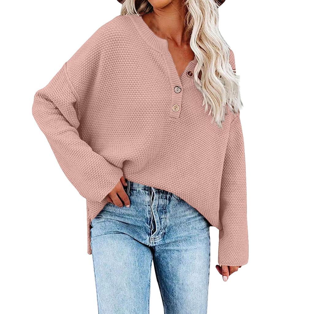 Женская мода, повседневный однотонный свободный вязаный пуловер с круглым вырезом и пуговицами, топ