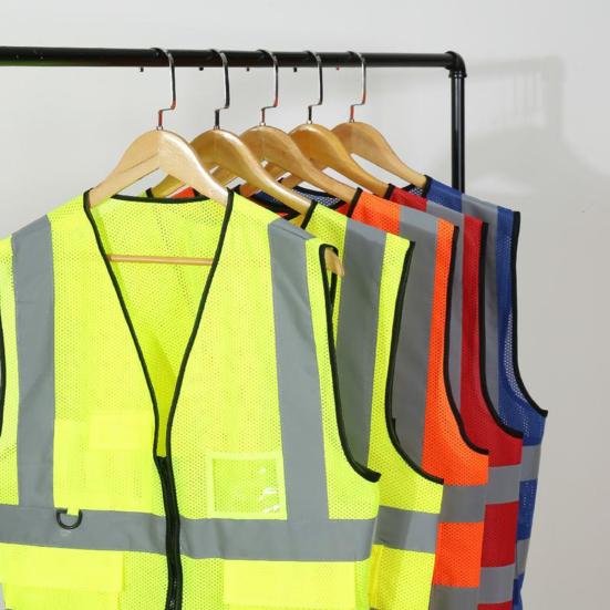 Men High-Visibility Reflective Vest V-neck Sleeveless Multi Pockets Design Waistcoat Clear ID Pocket Pen Holder Breathable Mesh Vest Coat