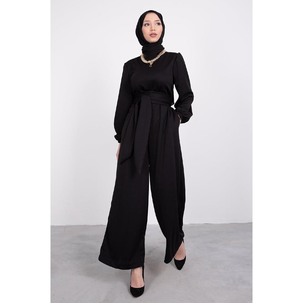 Wide Sash Wrapped Hijab Jumpsuit Black