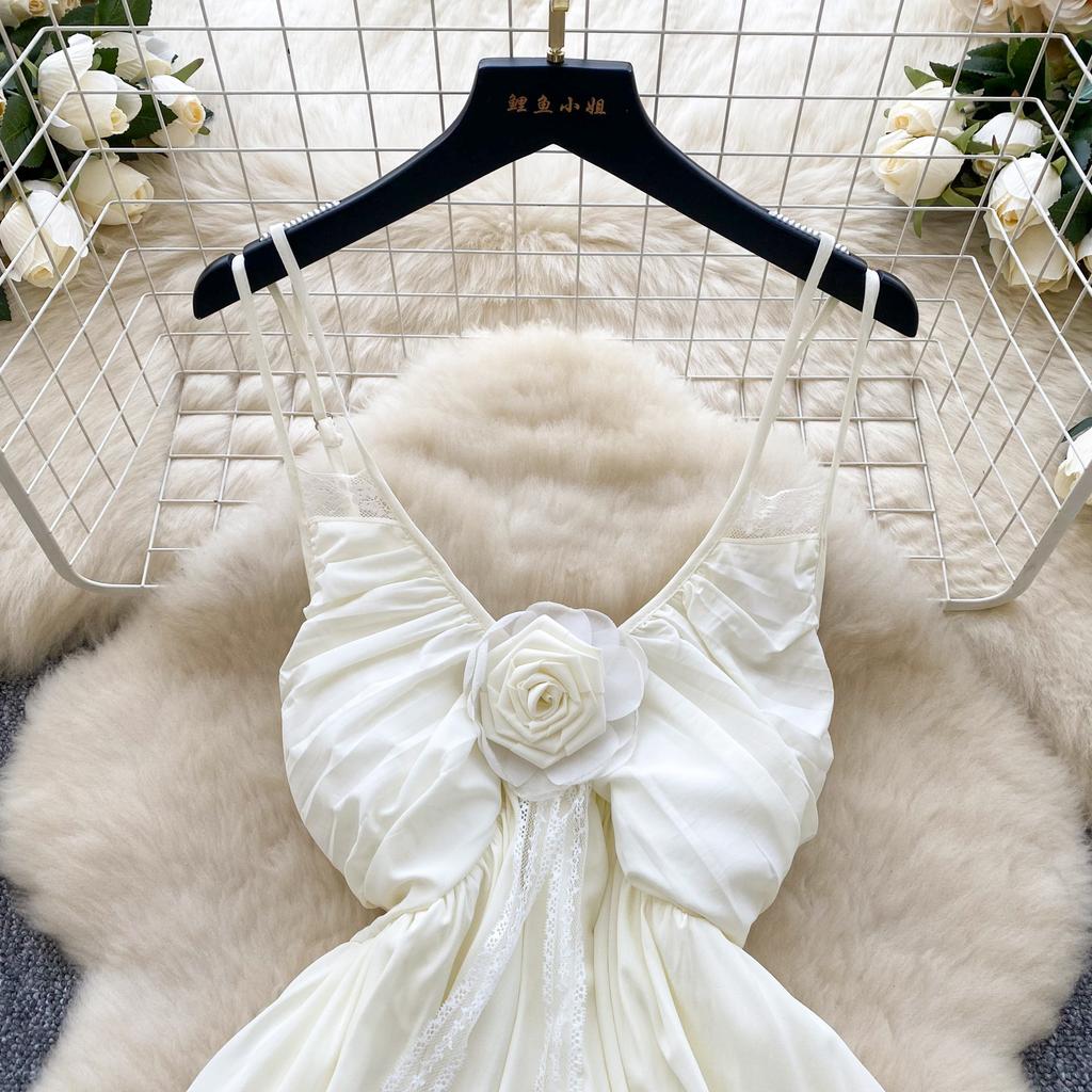 Summer Women Sexy Spaghetti Strap 3D Flower Ruffles Long Maxi Holiday Beach Dresses