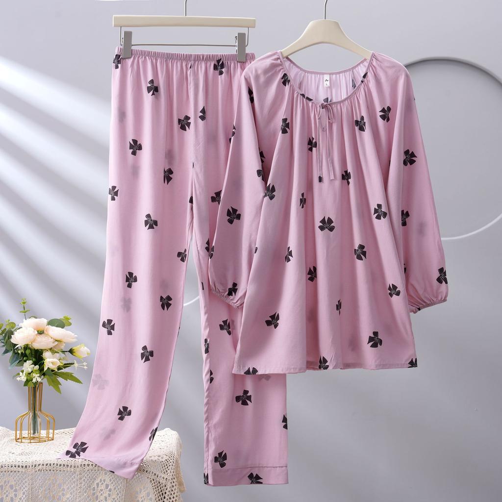 Spot new women's spring, summer and autumn cotton silk long-sleeved thin loose garden collar set simple and comfortable loungewear