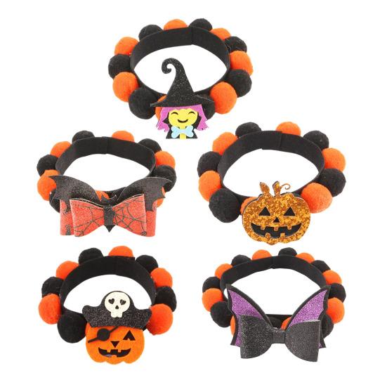 Witch Bat Pumpkin Collar Halloween Pom-pom Cat Collar, Adjustable Cute Dog with Decorations Orange And Black Pom-poms for Cats Dogs Photogenic
