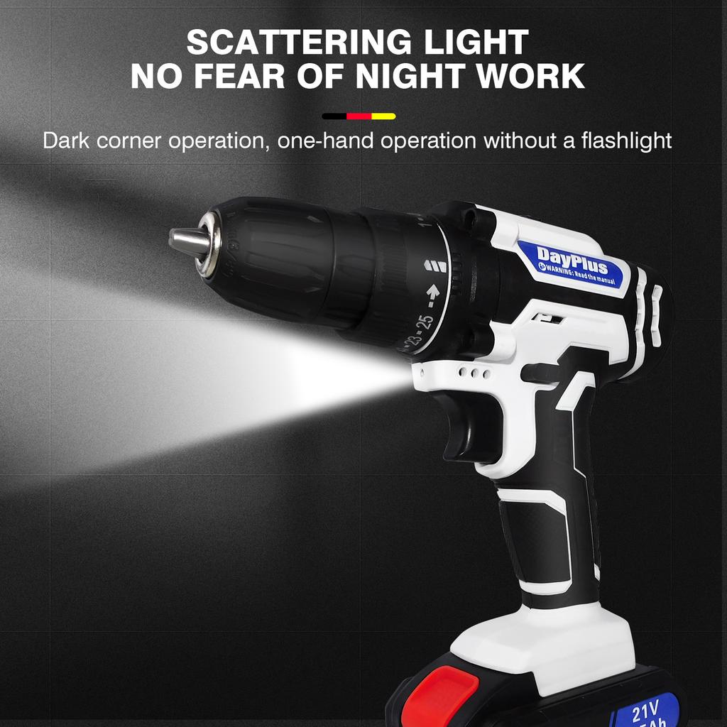 DayPlus 21V Cordless Drill Driver, Electric Drill Screwdriver with 1500mAh Battery, 45NM 2-Speed Combi Drill 25+1 Torque Setting