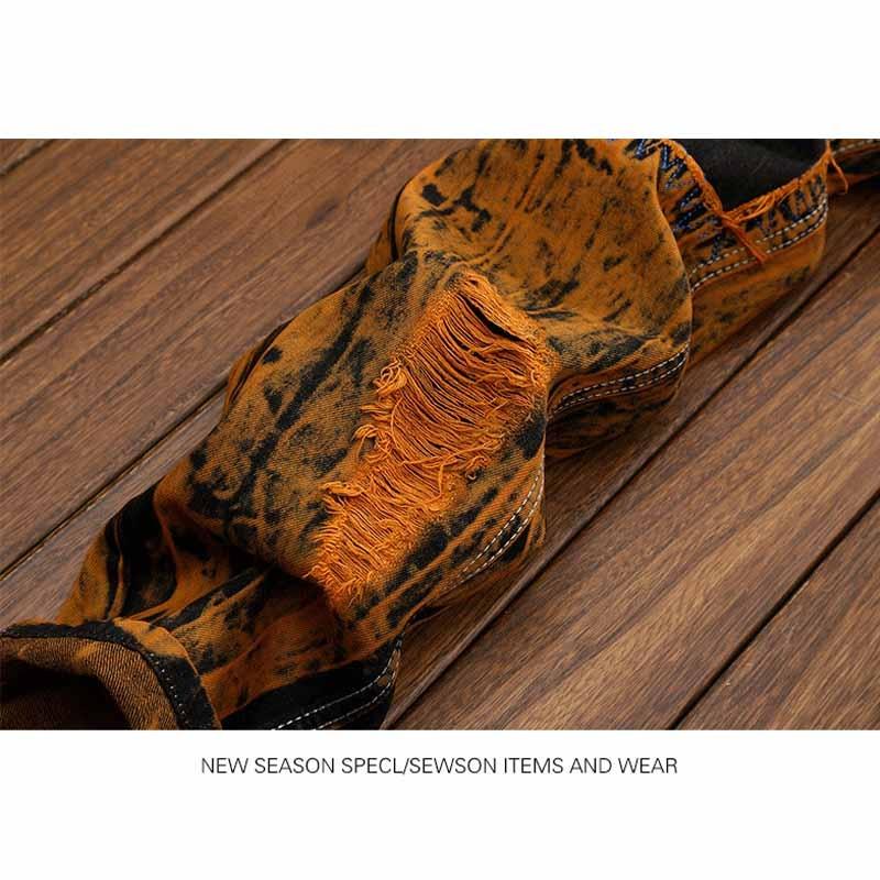 MAITA Men Retro Jeans Personality Hole Patch Slim Straight Jeans Pants for Male Plug Size 28-42