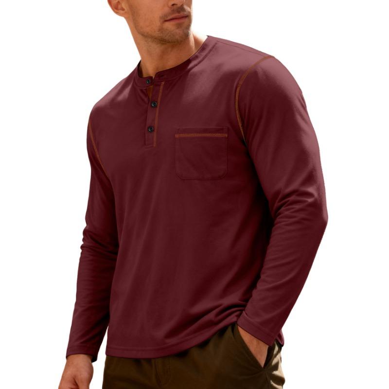 Men S Long Sleeve Stand Collar Henley Shirt Solid Color Casual