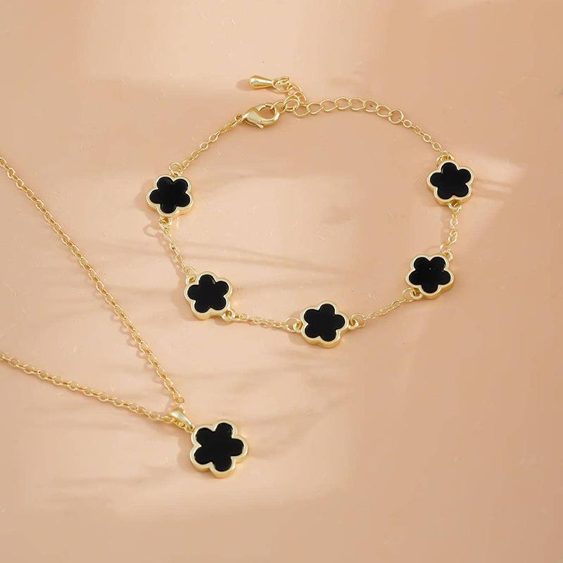 Five Petal Five Leaf Clover Necklace Bracelet Set For Women Fashion Jewelry
