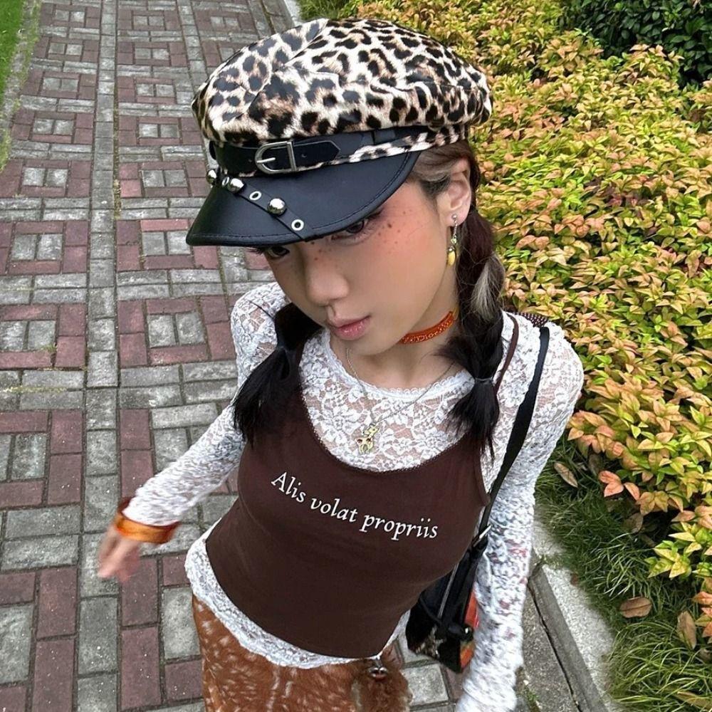 Панк Клепки Леопардовая Шляпа Сексуальная Шляпа с Плоским Верхом Модная Берет Y2k для Женщин
