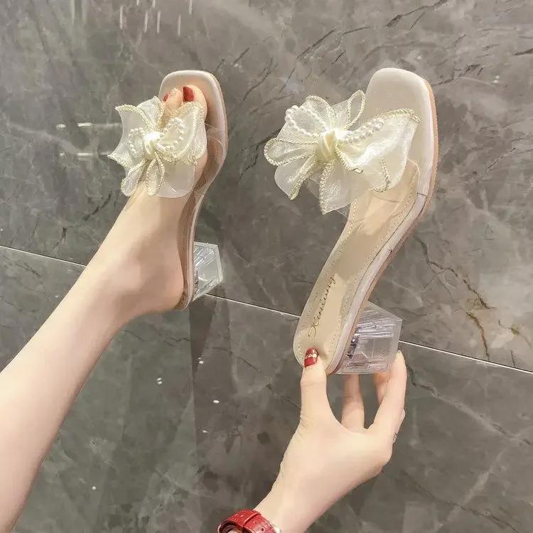 Открытый носок Word Job Clear Outside Pearl с бантом Прозрачный низкий каблук Off White Slides Женские тапочки и сандалии