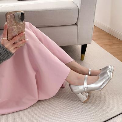 Женские туфли Мэри Джейн, французские серебристые туфли на высоком квадратном каблуке, 7 см, на блочном каблуке