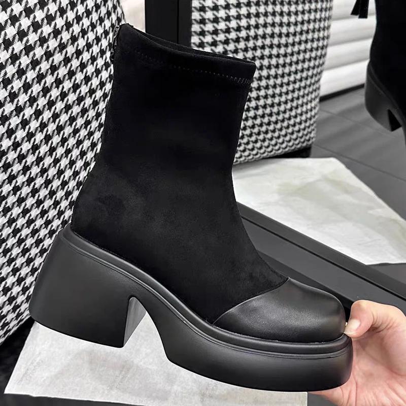Платформа женские зимние ботильоны замшевые высокие каблуки дизайнерская обувь зимняя мода мотоциклетные ботинки 2024 тренд готические женские ботинки