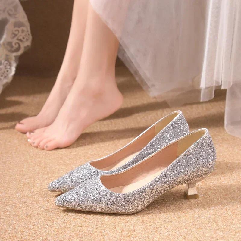 Crystal Wedding Shoes Female 2024 New Gold Bridesmaid High Heels Bridal