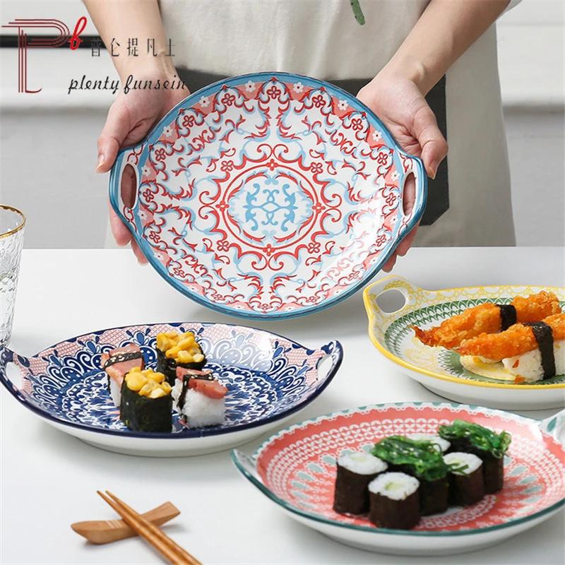 Керамическая двуручная фруктовница, тарелка для запеченного риса, тарелка для рыбы для микроволновой печи, бытовая тарелка для рыбы на пару