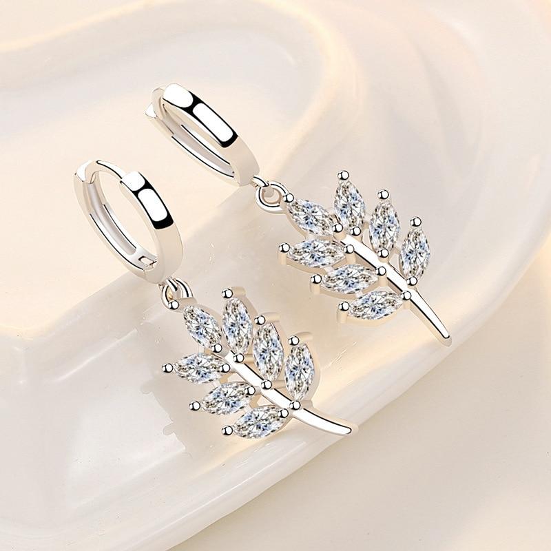 Korean 925 Sterling Silver Crystal Leaf Charm Stud Earrings For Women Girl Elegant Wedding Jewelry Eh1079