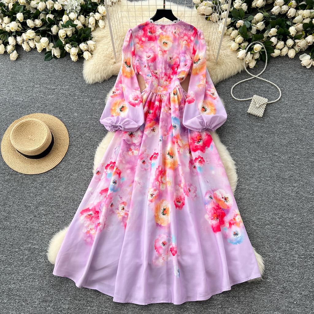 Весна-лето Женские однобортные платья с V-образным вырезом и кружевным воротником Длинные макси-платья для пляжа на берегу моря